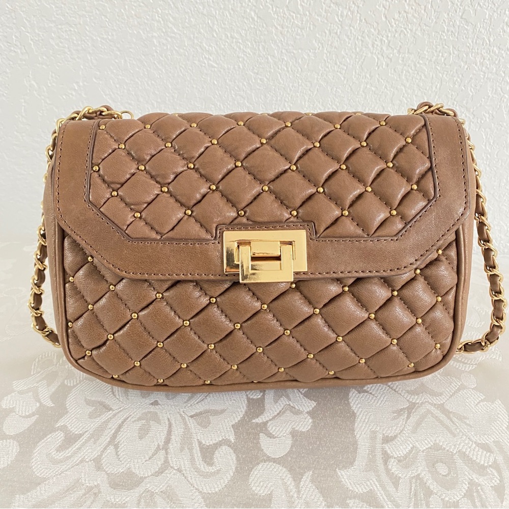 Treesje brown Quilted Gold Studded flap chain strap Crossbody Bag